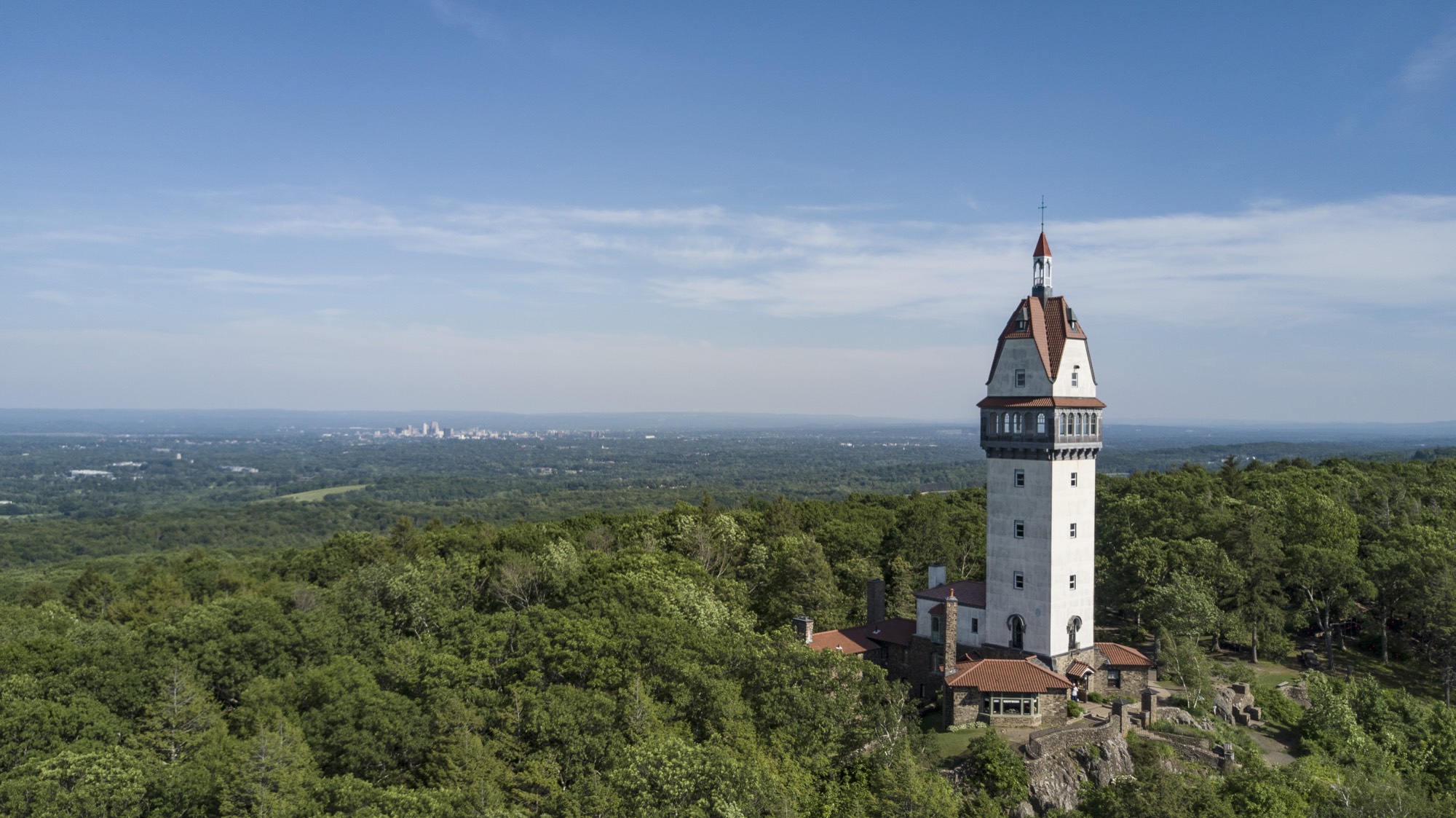 Heublein Tower on Talcott Mountain above Simsbury, Connecticut, with Hartford in the distance
