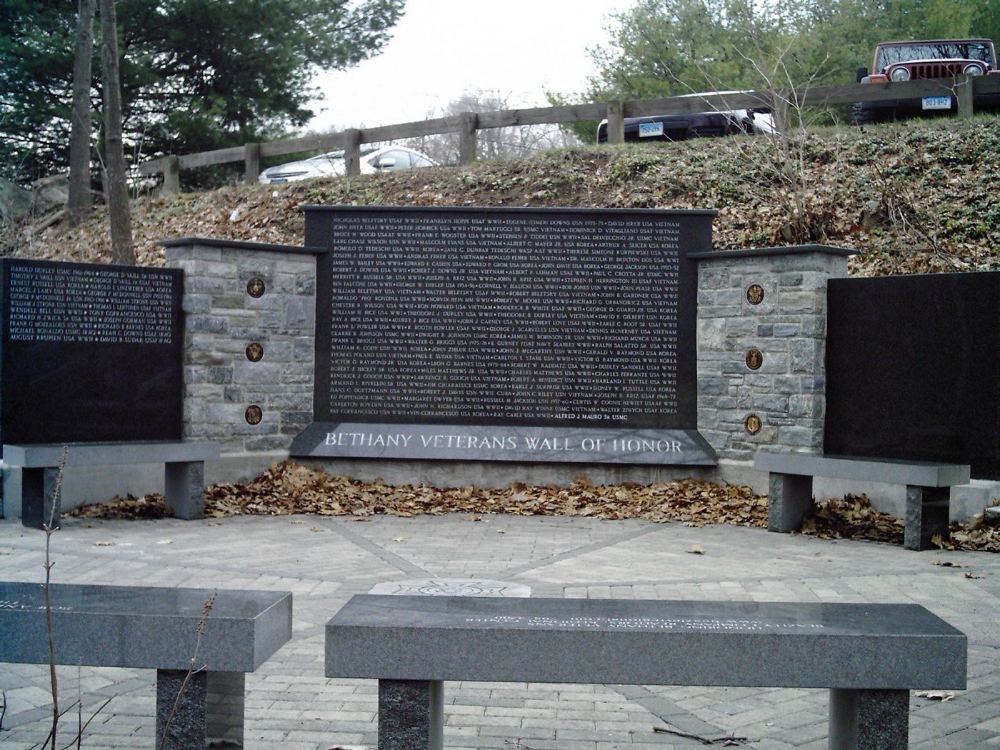 The Bethany Veterans Wall of Honor, a memorial wall listing the town's veterans