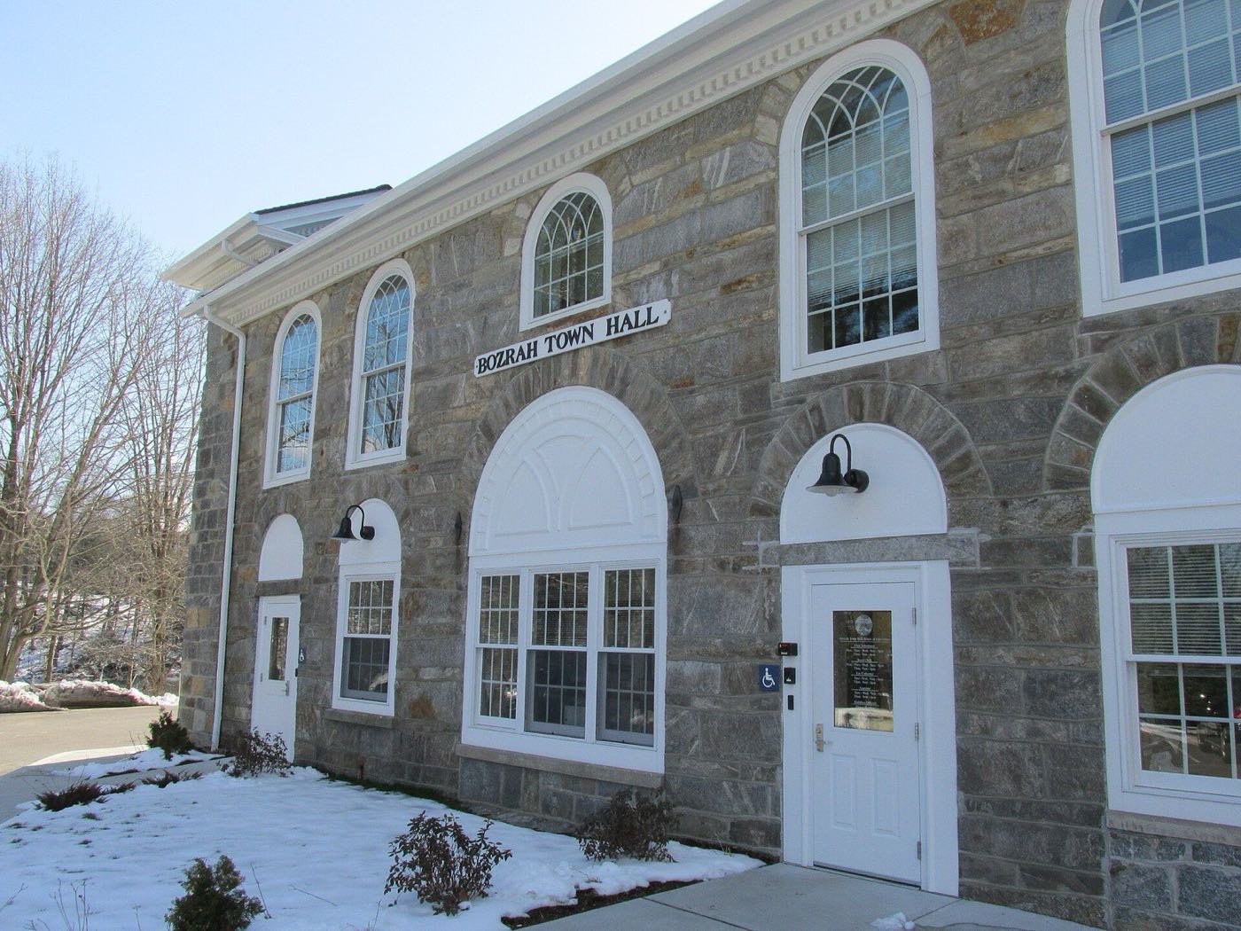 Bozrah Town Hall, a white clapboard municipal building