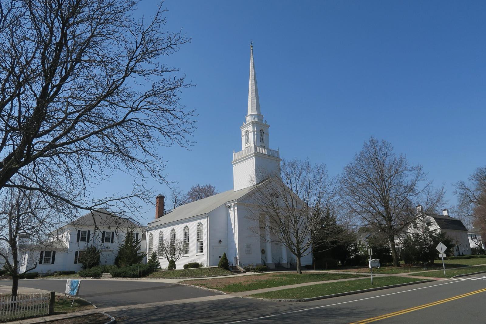 The First Church of Christ, a white steepled church on Main Street in Glastonbury.