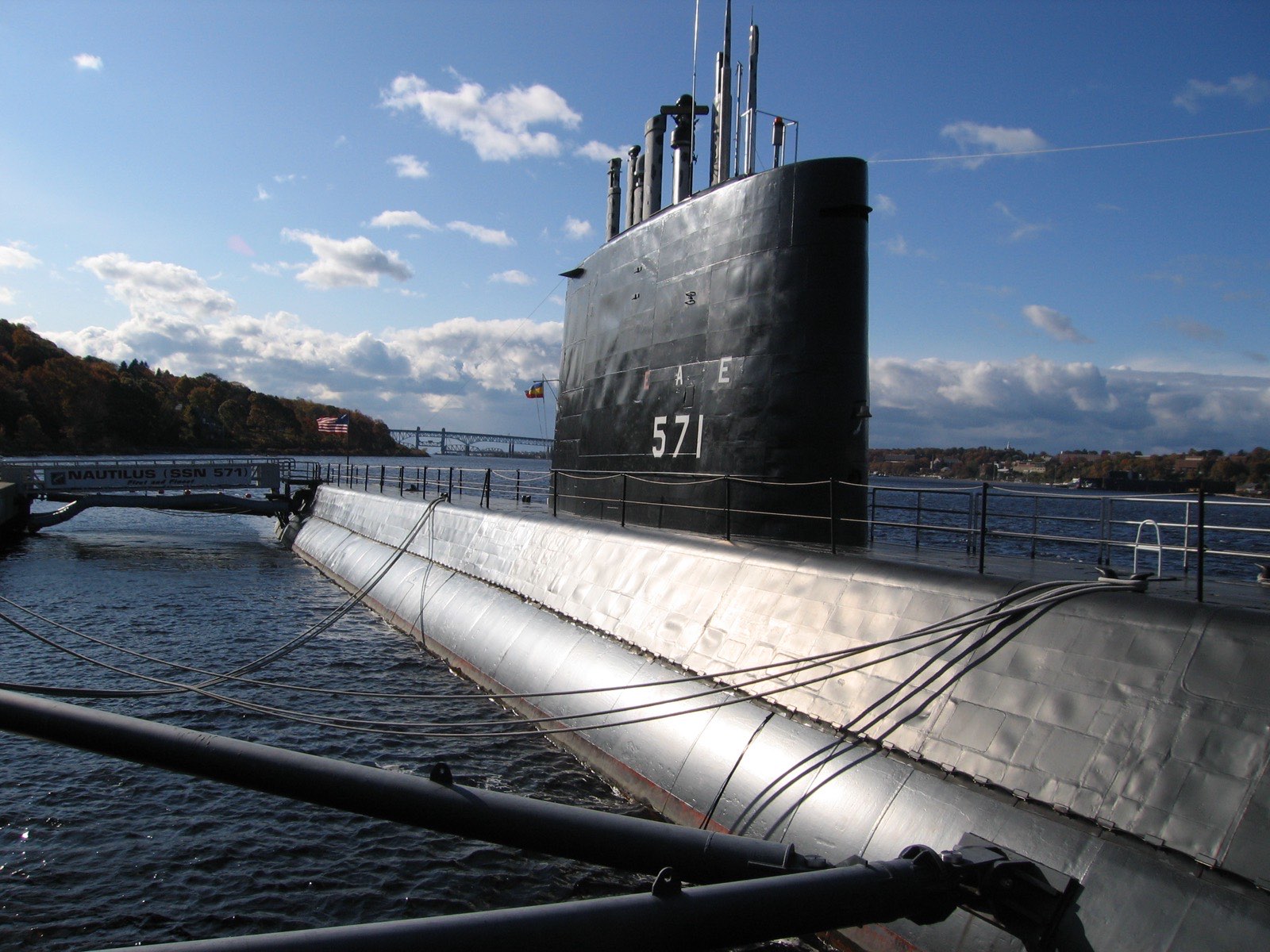 The historic ship USS Nautilus, the first nuclear-powered submarine, docked at the Submarine Force Museum in Groton, Connecticut