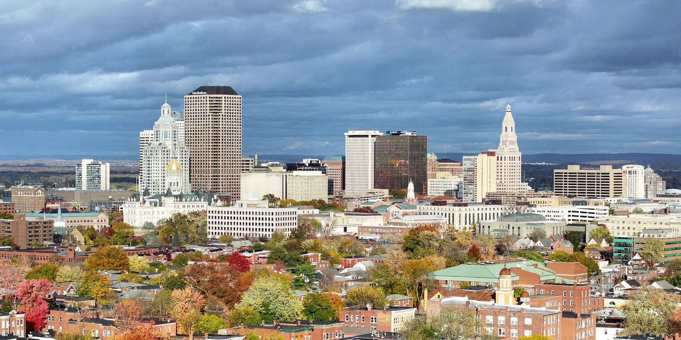 Hartford, Connecticut skyline along the Connecticut River