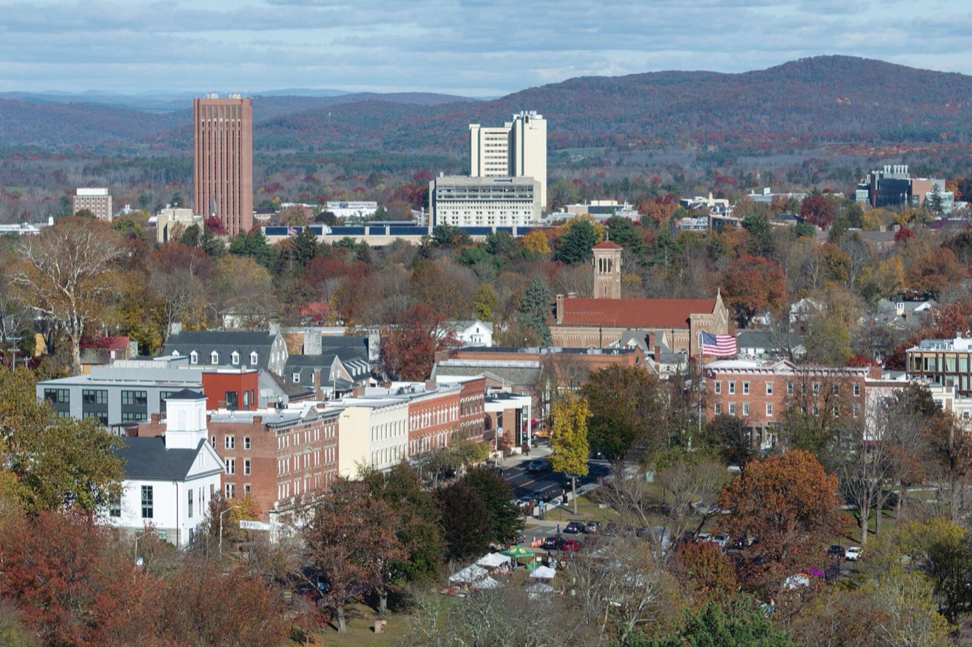 View of downtown Amherst, Massachusetts, seen from above the Amherst College quad.