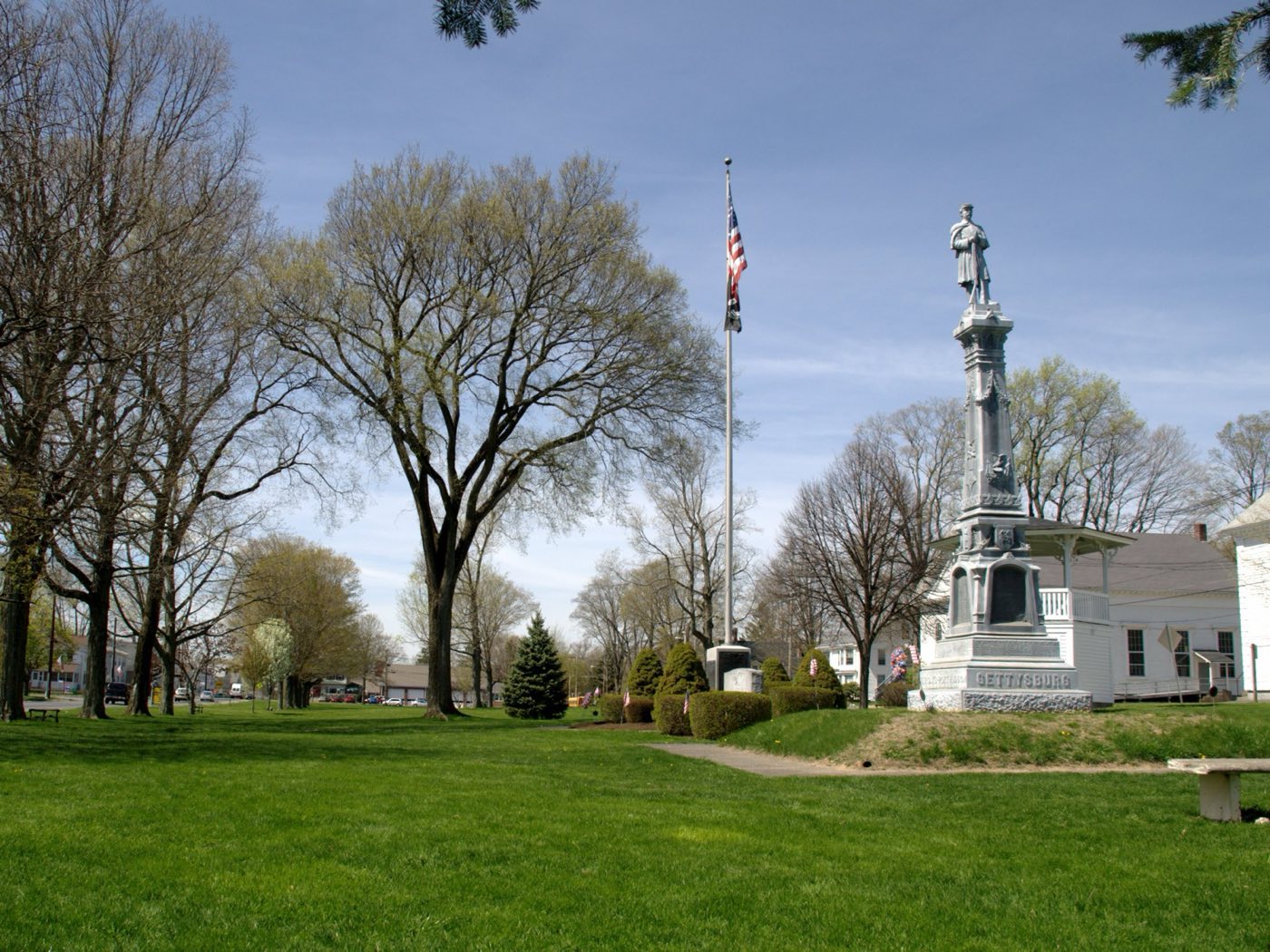 The Belchertown town common, with a Civil War soldiers' monument, flagpole, and bandstand.