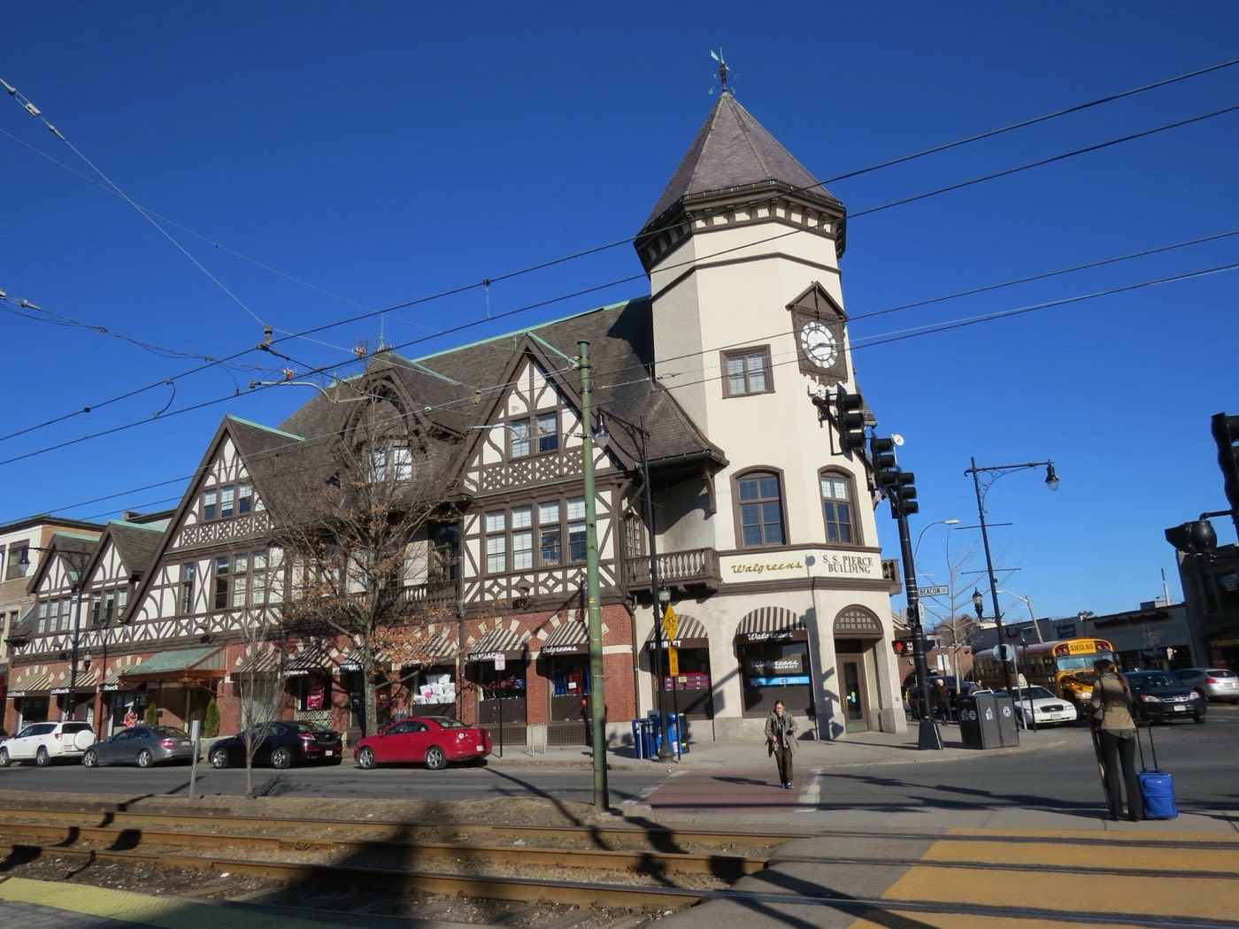 The S.S. Pierce Building's clock tower at Coolidge Corner in Brookline.