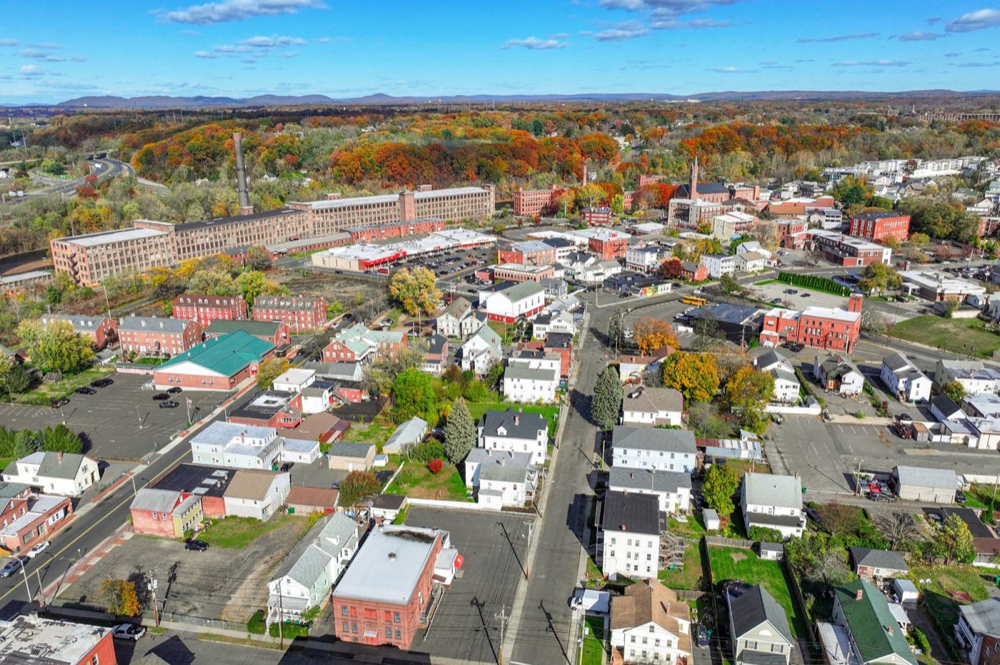 An aerial view of Chicopee, Massachusetts along the Connecticut River.