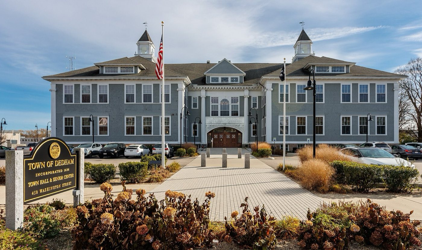 Dedham Town Hall and Senior Center on Washington Street in Dedham, Massachusetts.