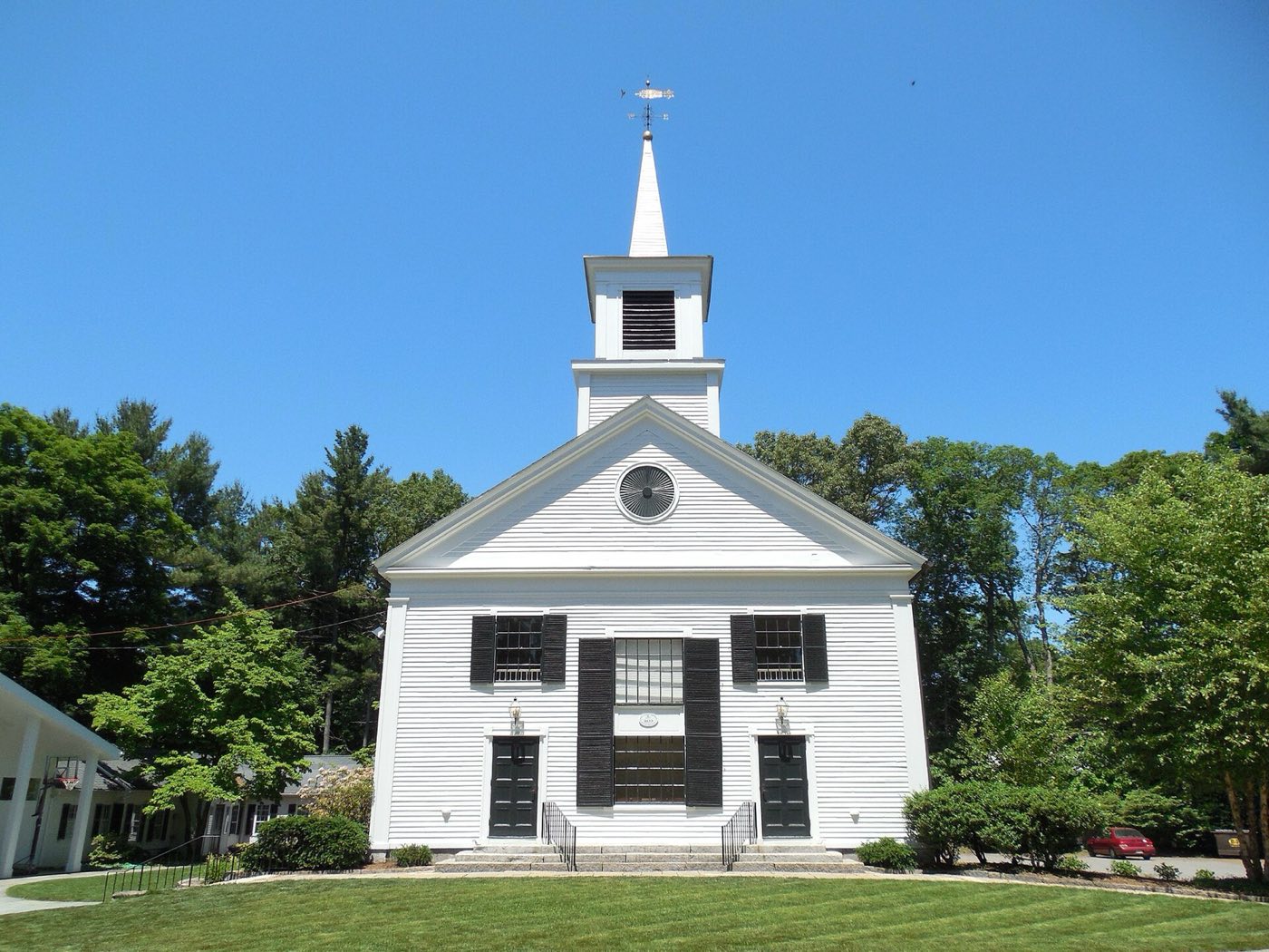 The Dover Church, a historic church building in Dover, Massachusetts.