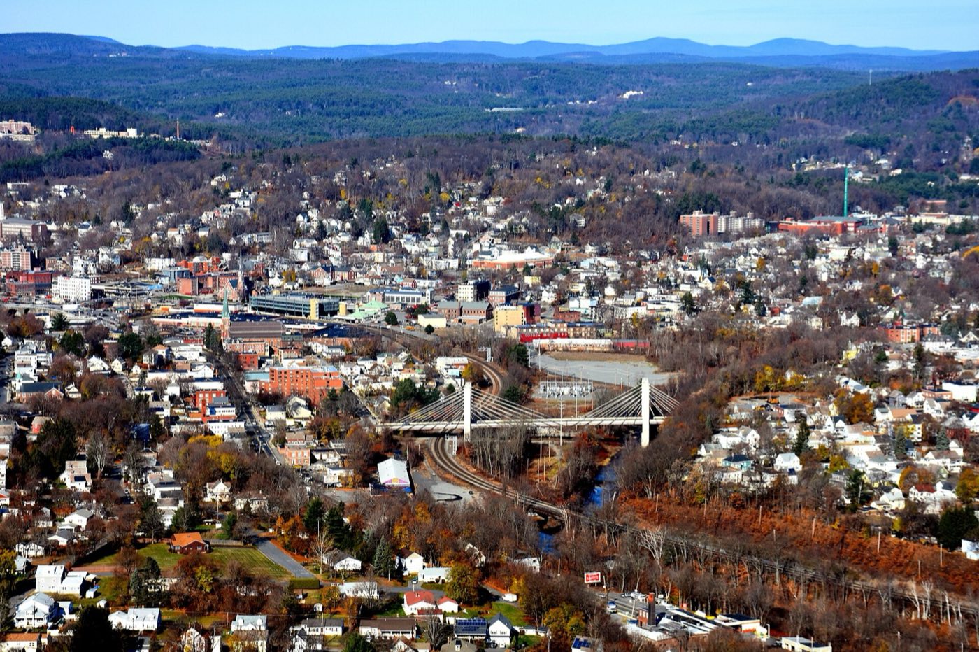 Aerial view of downtown Fitchburg, Massachusetts.