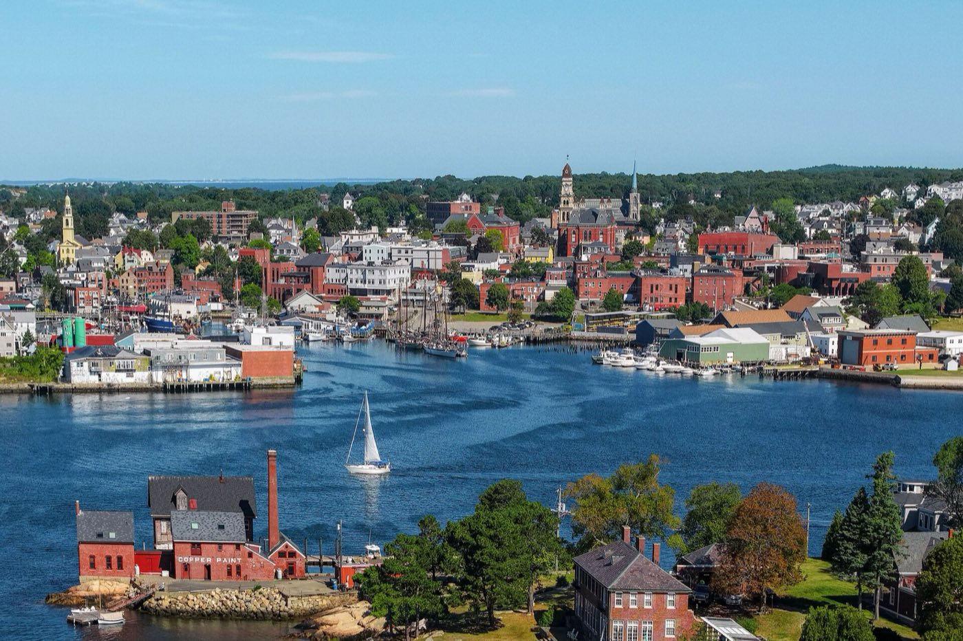 Aerial view of Gloucester, Massachusetts overlooking its working harbor on Cape Ann.