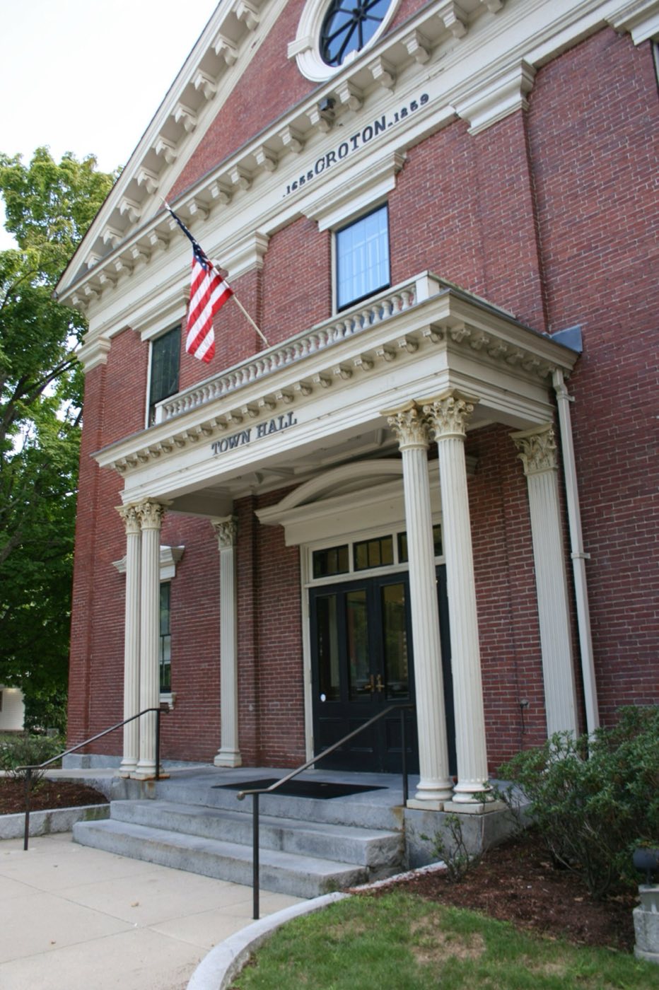 Groton Town Hall on Main Street in Groton, Massachusetts.