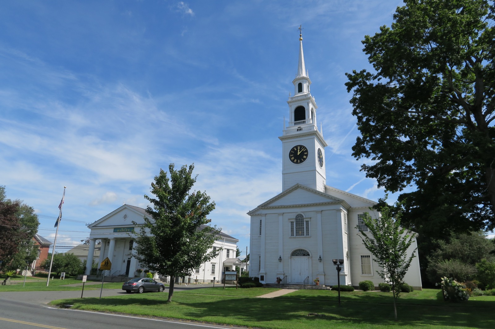 Town Hall and the First Congregational Church in Hadley, Massachusetts.