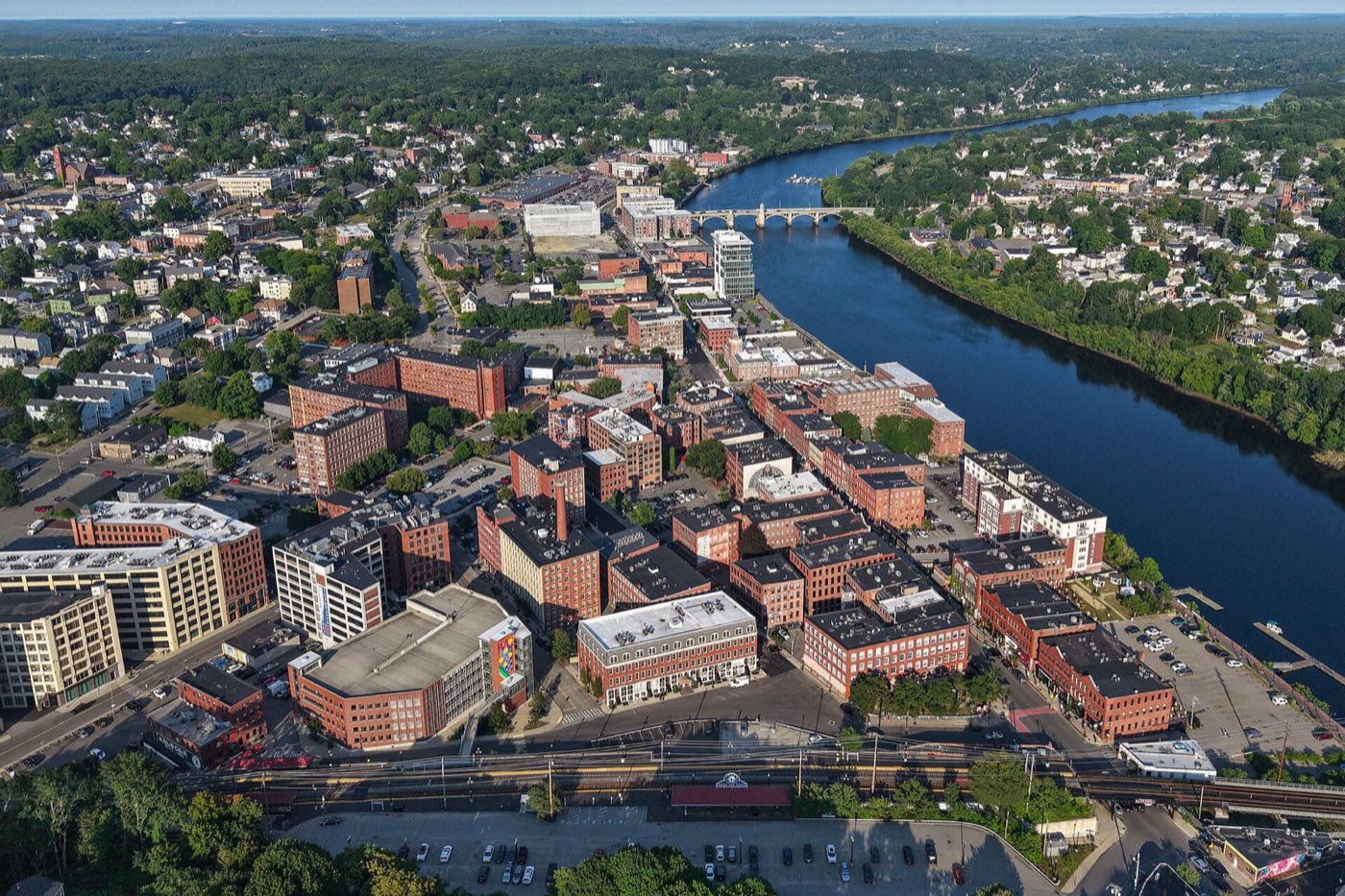 Aerial view of downtown Haverhill, Massachusetts along the Merrimack River.