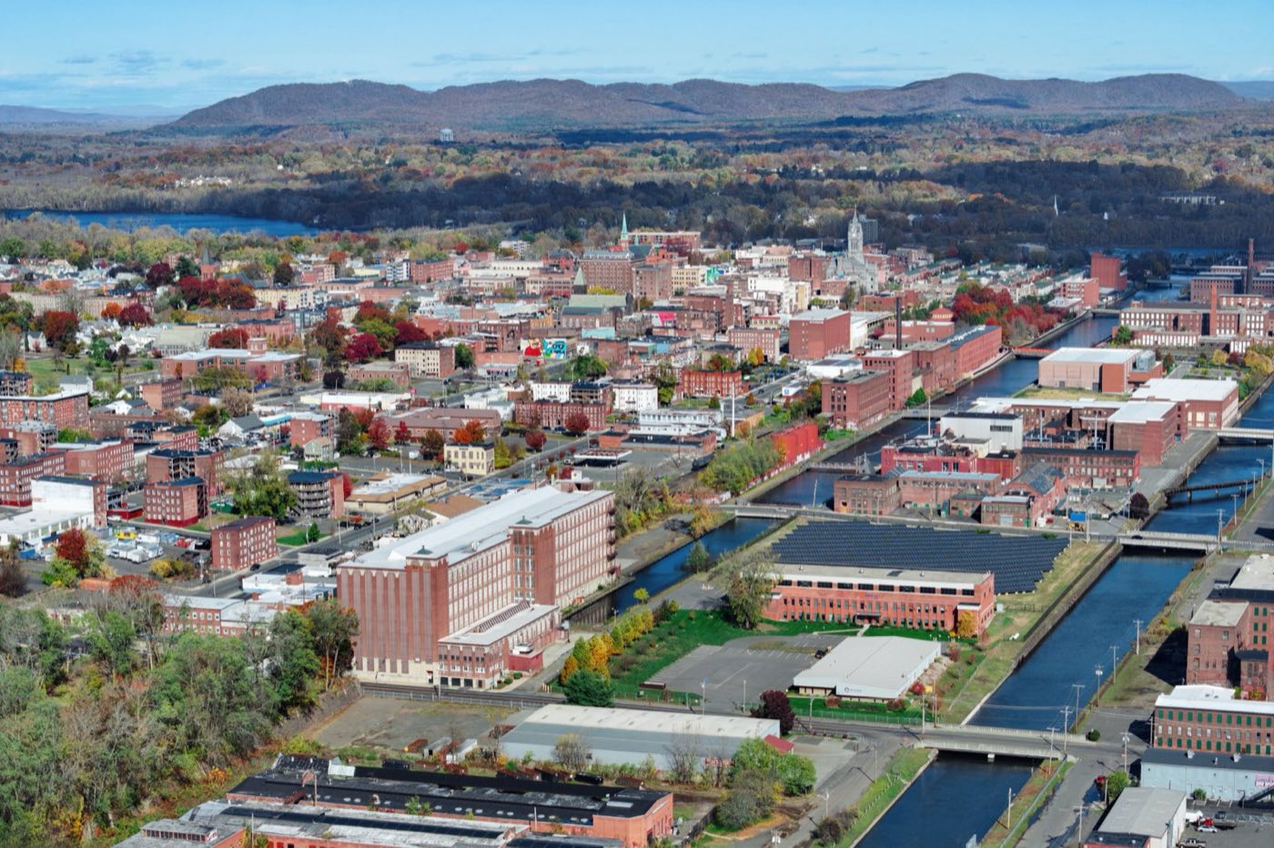Holyoke, Massachusetts along the Connecticut River below the Mount Tom Range.