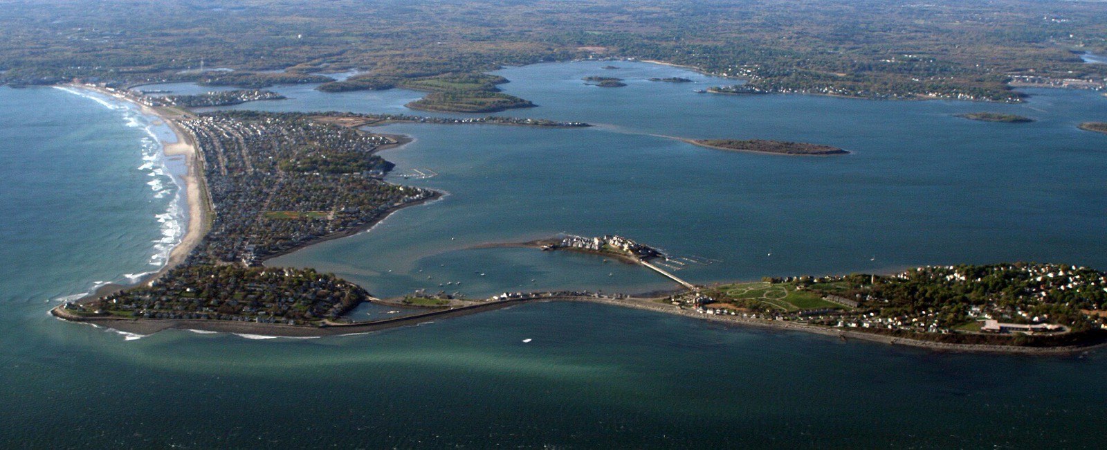 Aerial photograph of the Hull, Massachusetts peninsula between Boston Harbor and Massachusetts Bay.