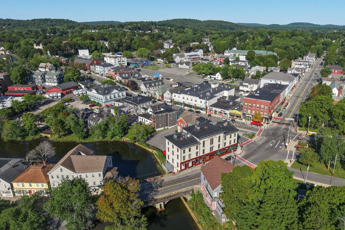 Aerial view of downtown Ipswich, Massachusetts, centered along the Ipswich River.