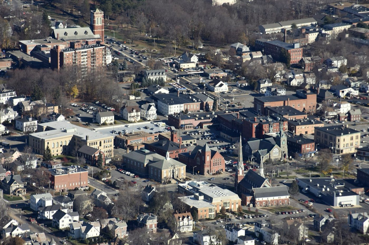 Aerial view of downtown Leominster, Massachusetts.
