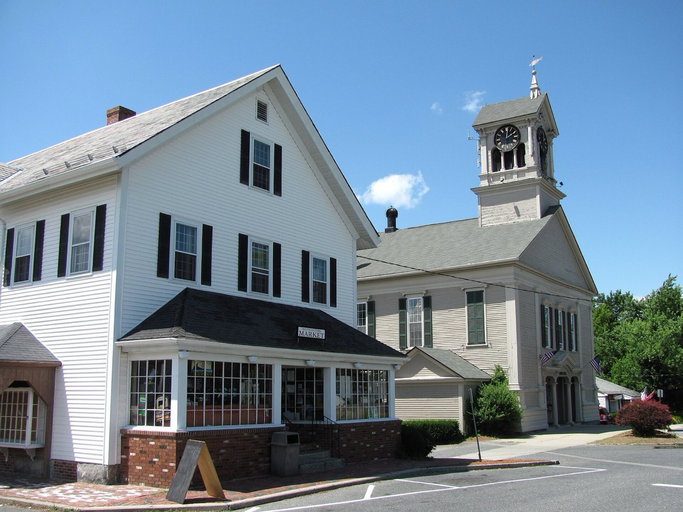 Lunenburg Town Hall and Hadwen Park Market in Lunenburg, Massachusetts.