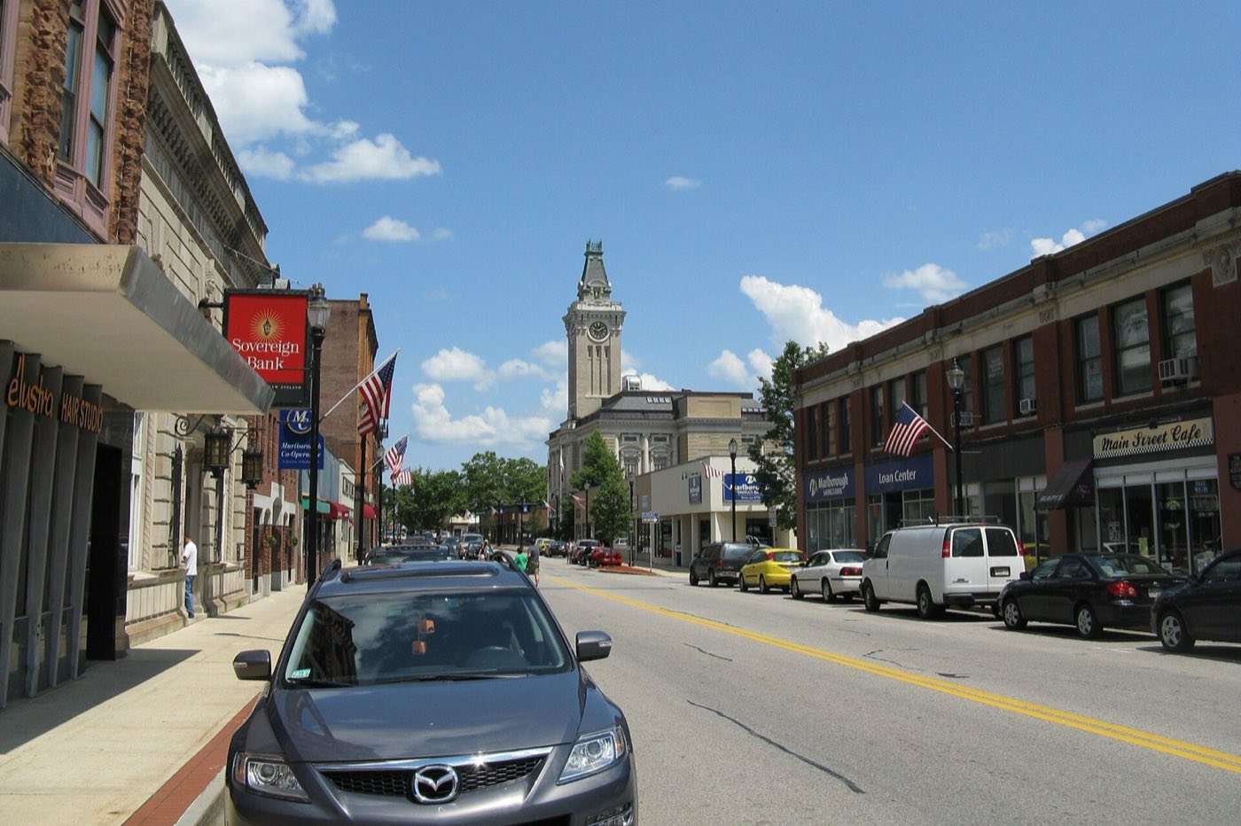 Main Street looking east in downtown Marlborough, Massachusetts.
