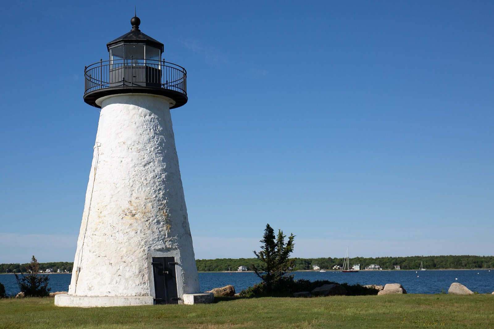 Ned's Point Light, an 1838 stone lighthouse at the entrance to Mattapoisett Harbor.