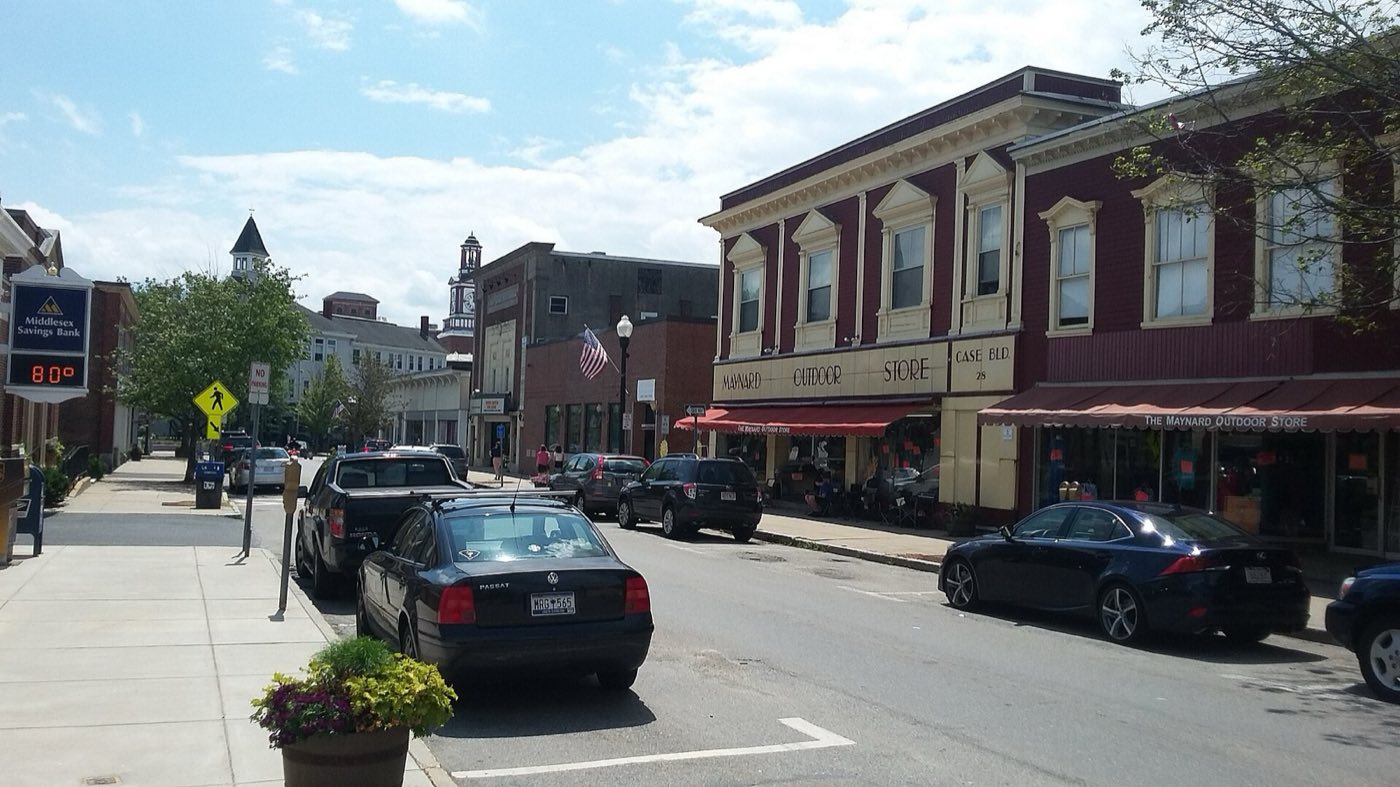 Nason Street in downtown Maynard, Massachusetts, with the Maynard Outdoor Store.