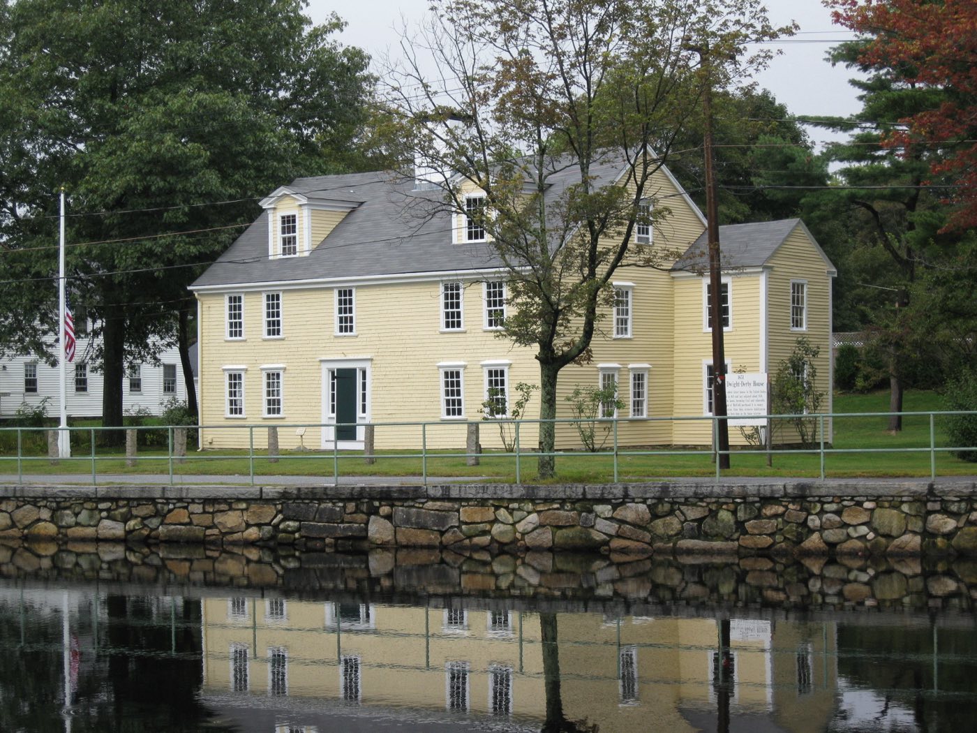 The Dwight-Derby House, built in 1651, overlooking Meetinghouse Pond in Medfield, Massachusetts.
