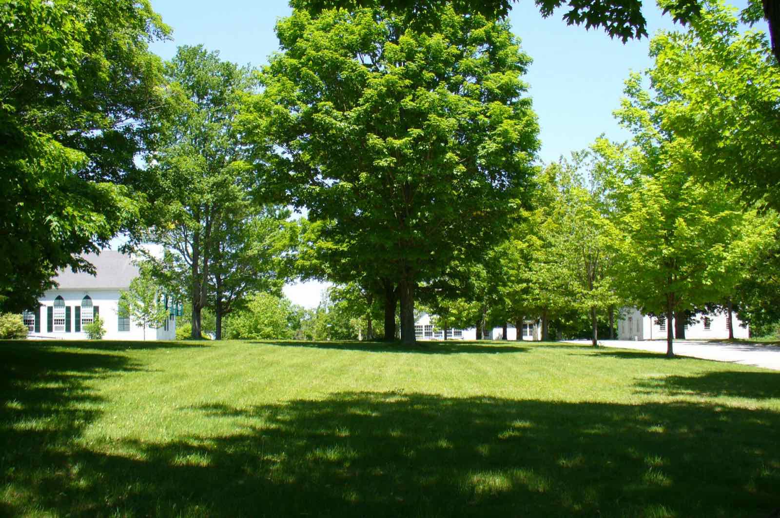 The New Salem town common, lined with historic buildings.