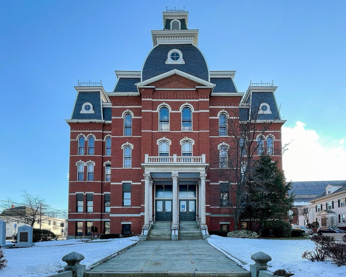 Peabody City Hall after a snowfall in Peabody, Massachusetts.