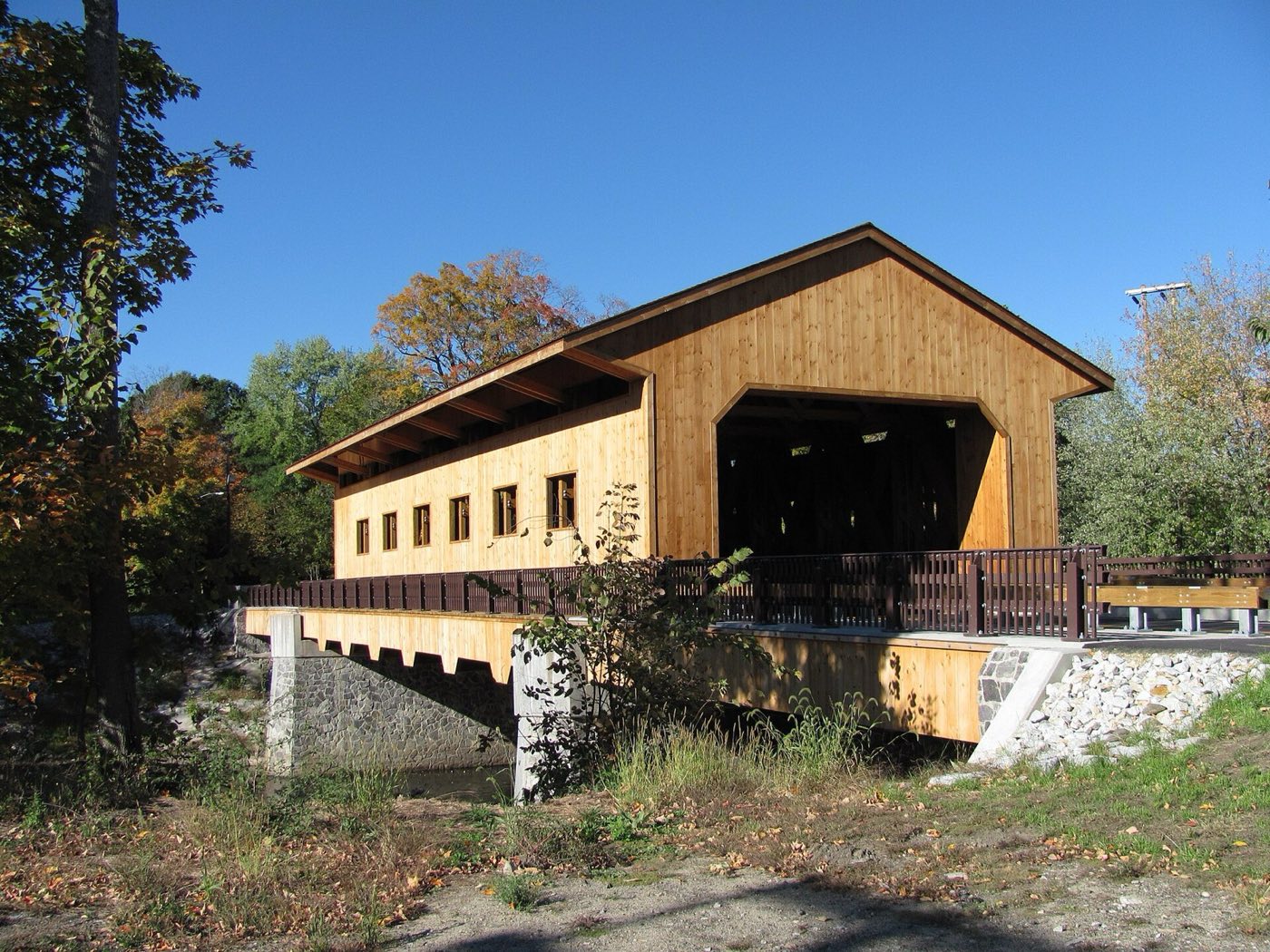 The Pepperell Covered Bridge over the Nashua River in East Pepperell, Massachusetts.