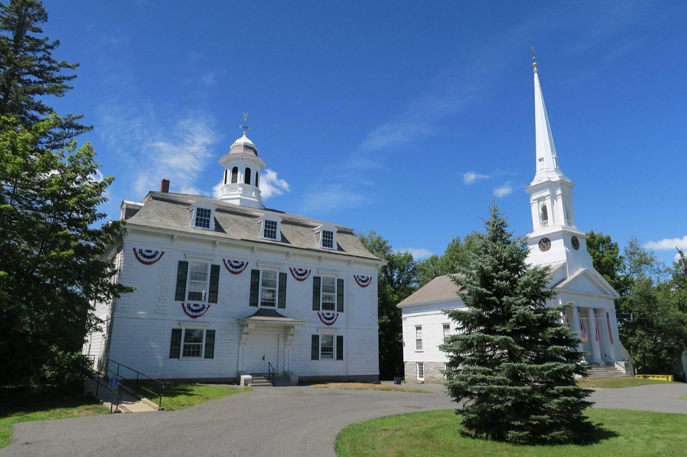 Town Hall and the First Congregational Church on the common in Royalston, Massachusetts.