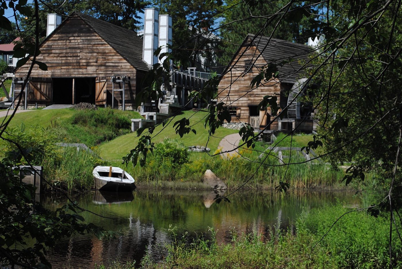 The waterwheel and reconstructed forge building at Saugus Iron Works National Historic Site, on the Saugus River.