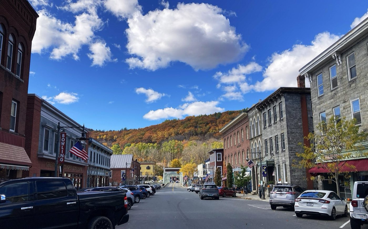 Downtown Shelburne Falls looking toward the bridge and hillside.