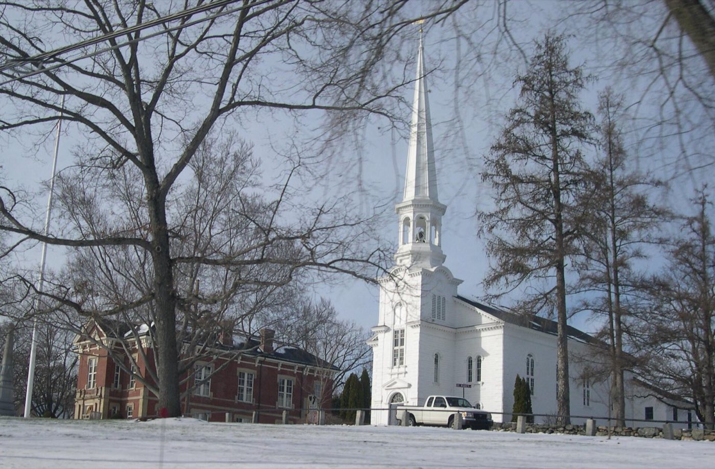 The town common and buildings in the center of Southborough, Massachusetts.