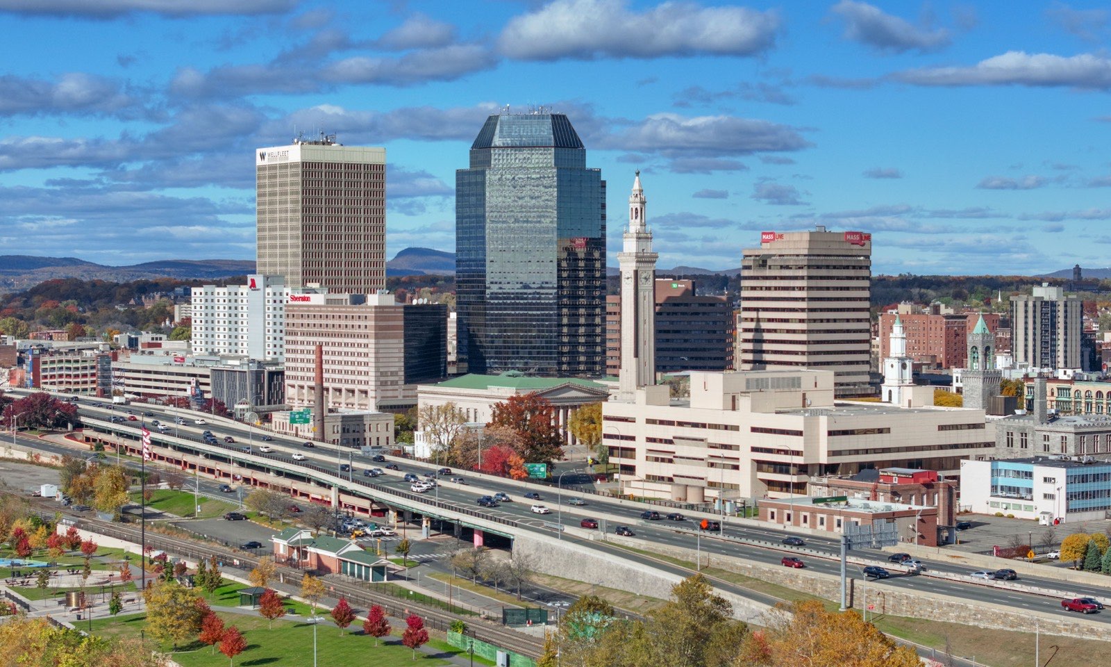 The Springfield, Massachusetts skyline along the Connecticut River.
