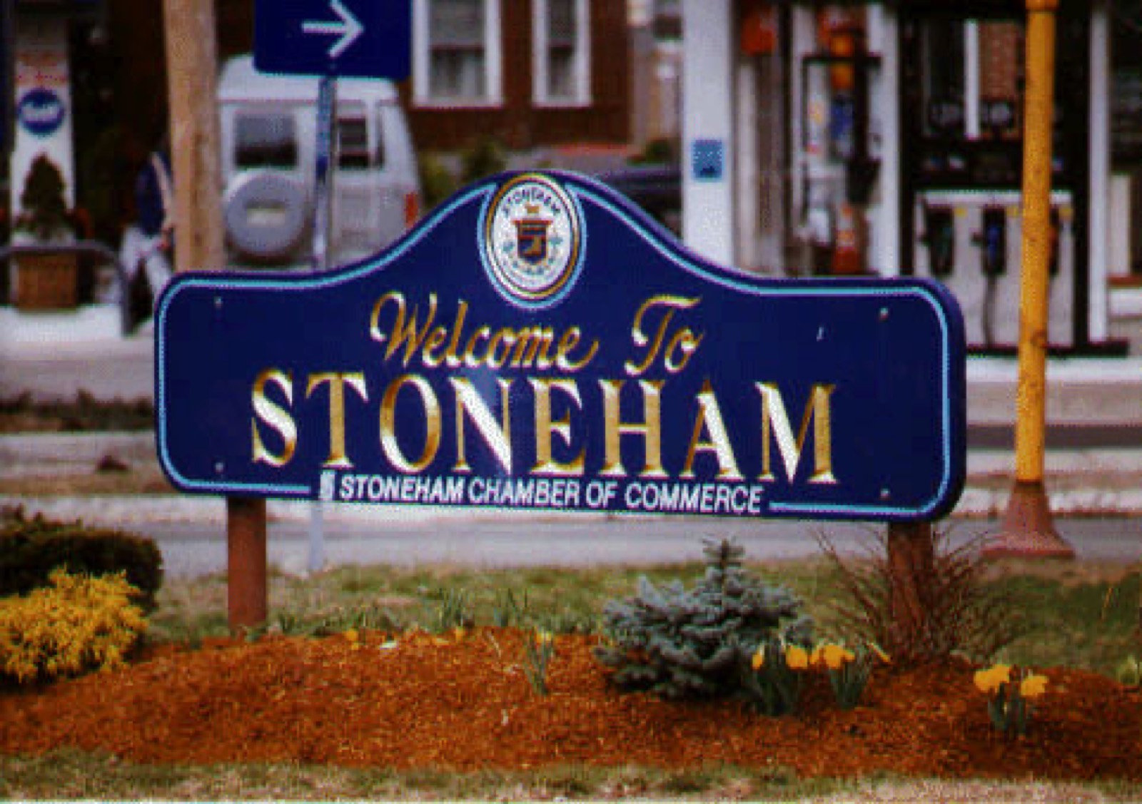 A welcome sign at the edge of Stoneham, Massachusetts.