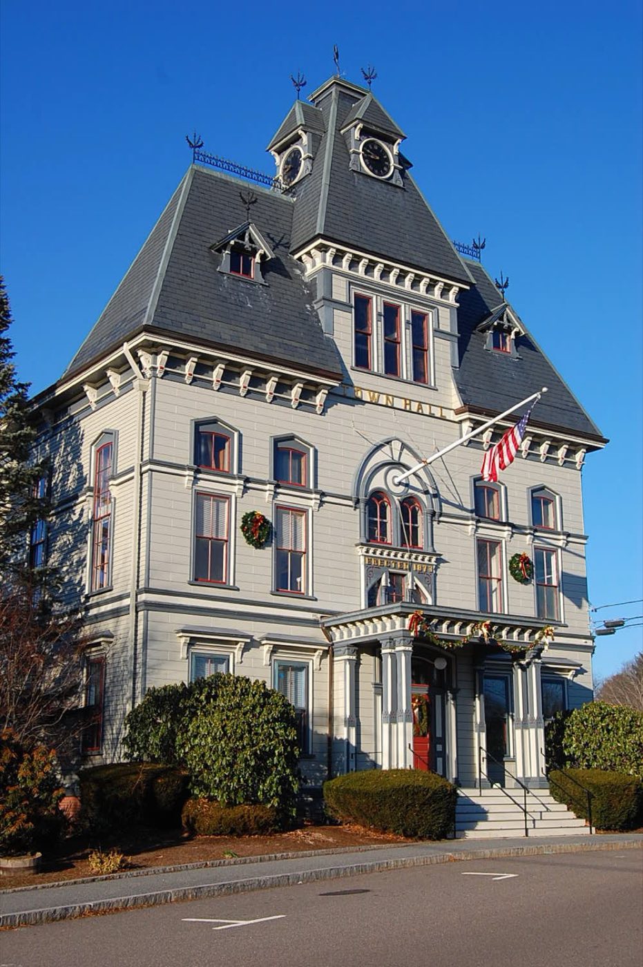 Topsfield Town Hall, a brick municipal building on the town common.