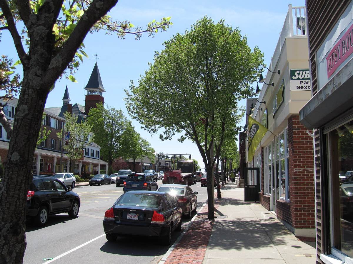 Main Street looking south in downtown Walpole, Massachusetts.