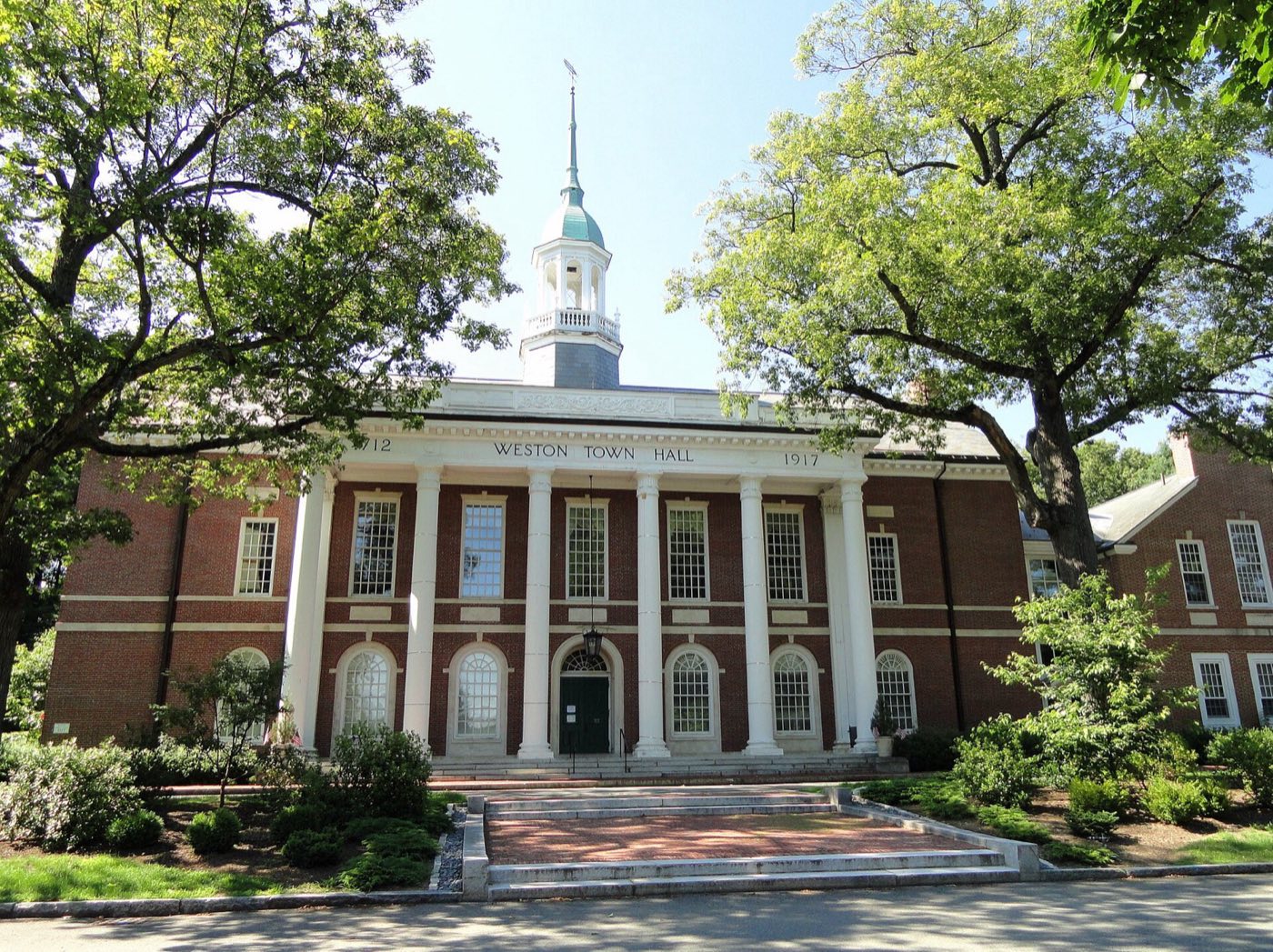 Weston Town Hall, a historic municipal building in Weston, Massachusetts.