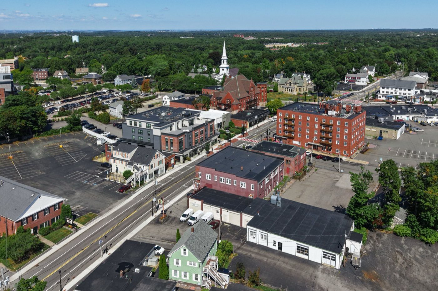 Aerial view of South Weymouth, one of the town's four village centers, on Boston's South Shore.