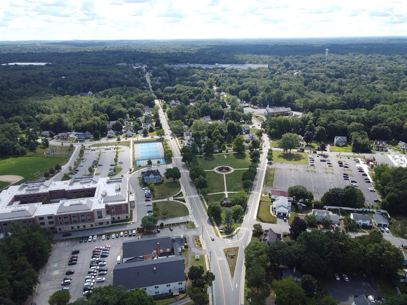 Aerial view of Wilmington town center, Massachusetts.