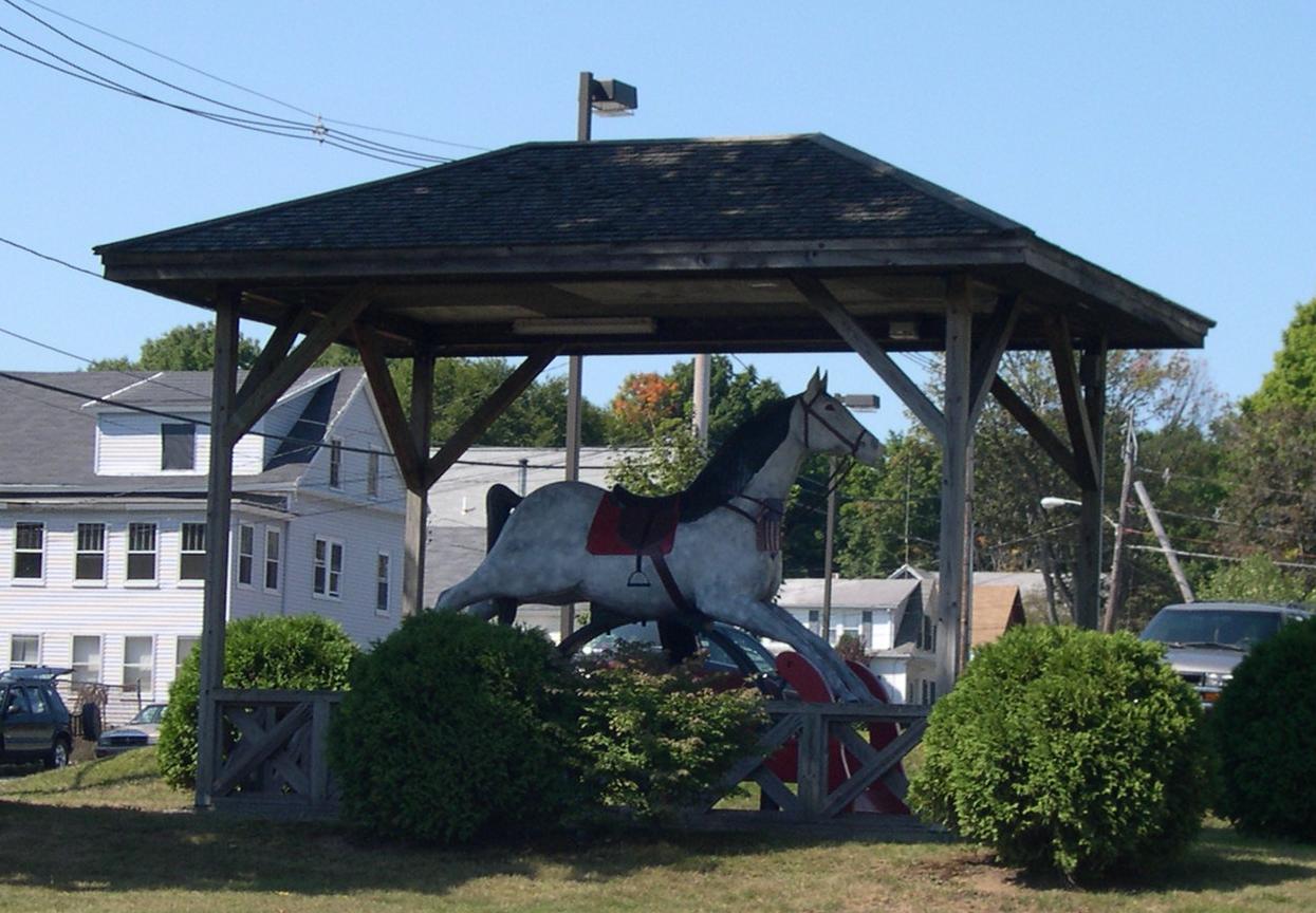 The giant wooden Toy Town rocking horse landmark in Winchendon center.