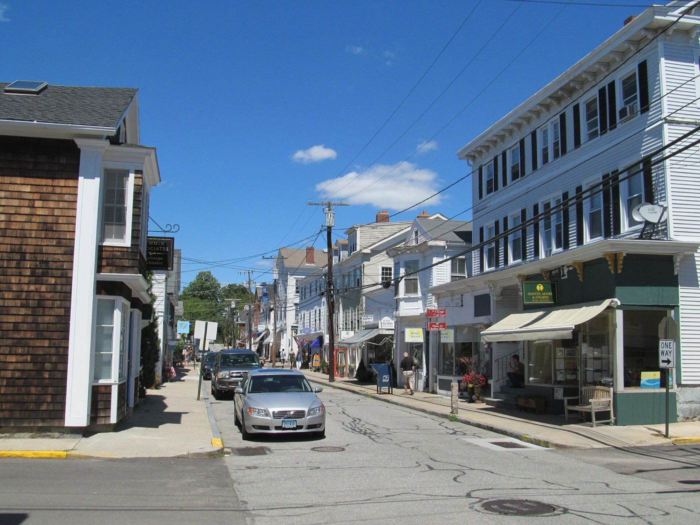 Water Street at Church Street in Stonington Borough, lined with historic homes and shops