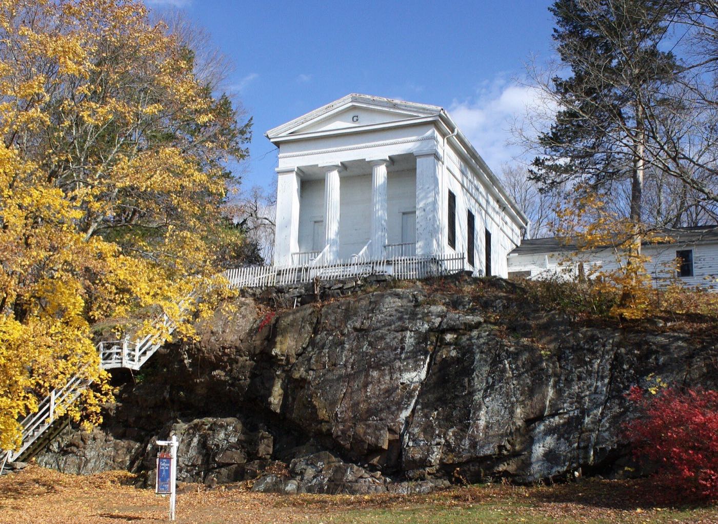 The 1839 Greek Revival Masonic Temple (King Solomon's Lodge No. 7) on a rise above Woodbury's Main Street
